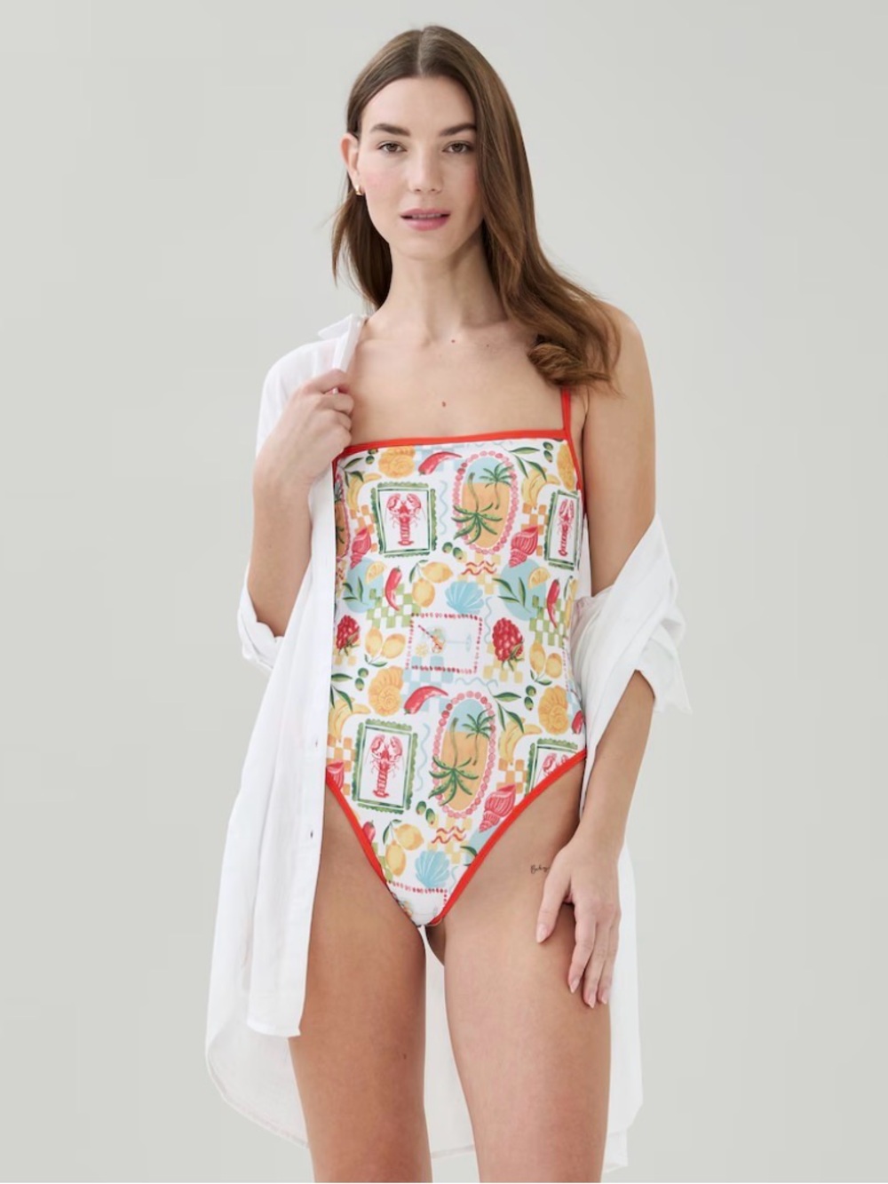 Joe Fresh White Tropical Print One-Piece Swimsuit with Red Trim NWT